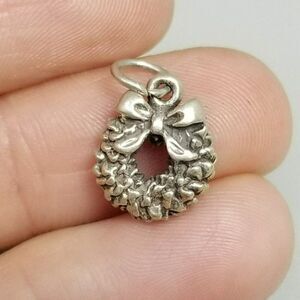 Vintage Sterling Silver Tiny Christmas Wreath Charm Pendant, Winter Holiday